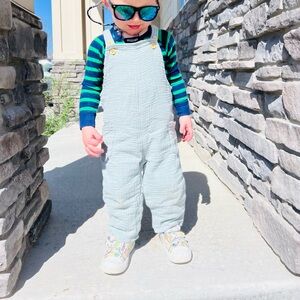 Carters Little Planet Green Overalls pants Coord Outfit Navy Striped Shirt 2T